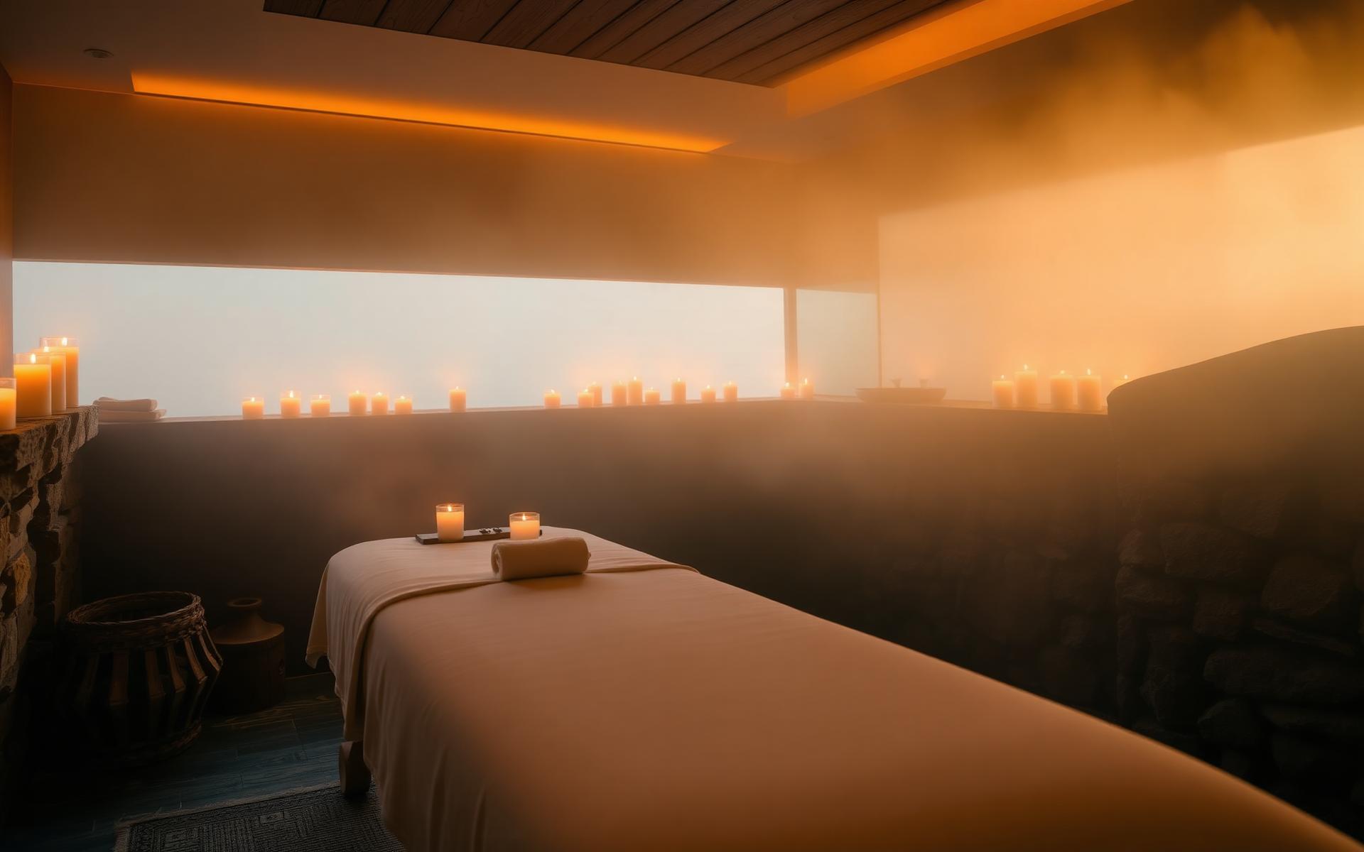The candlelit interior of the Sky Cub Wellness Spa